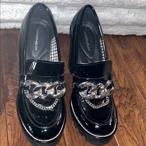 ANTONIO MELANI Glossy Black Loafers with Silver Chain